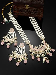 Indian Alloy Gold Plated Kundan Necklace Rani Haar Earring Set Artificial Pearls Crystal Flower Design Women's Trendy Wedding - Product Image 6