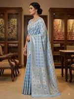 Koleksi Ashmitas AC-786 Saree Sutra Banarasi Biru Muda Murni Pakaian Tradisional Pernikahan India Bebas Kerut Cepat Kering