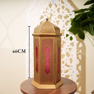 Wholesale Ramadan Home Decorations <b>Gold</b> Metal Moroccan Candle Holder <b>Lantern</b> with Color Glass for Tabletop - Product Image 2