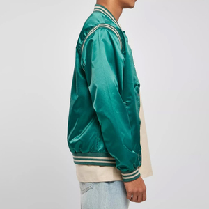 Veste en satin vert pour homme avec empiècements rayés contrastants, coupe classique, couleur unie, fermeture à boutons-pression, vêtements décontractés, services de vente en gros - Product Image 5