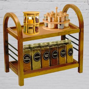 Étagère de rangement en bois à deux niveaux multifonctionnelle pour les pots à épices, les bouteilles de condiments, les herbes et l'organisation quotidienne de la cuisine - Product Image 1