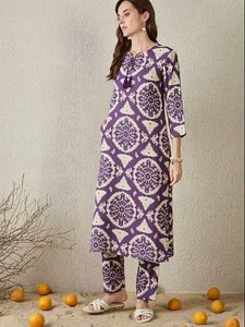 Damen Lila Ikat-Bedrucktes Baumwoll-Kurta-Set Reguläre Passform Knielang Ethnischer Stil Lässige Hochzeitskleidung Schnelltrocknend Für Alle Jahreszeiten Indien - Product Image 4