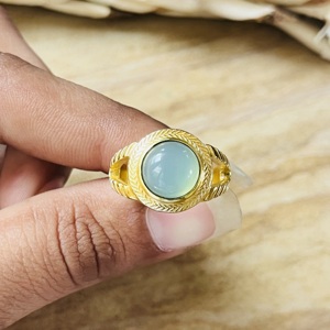 Trendy Blue Chalcedony <b>Ring</b> Boho Geometric <b>Rings</b> Textured Brass Jewelry For Women <b>Gold</b> Plated Statement Jade <b>Cocktail</b> Wholesale - Product Image 5