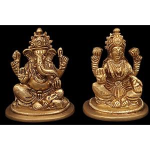 รูปปั้นทองเหลือง2นิ้วทำด้วยมือคู่หินลักษมีพระพิฆเนศสำหรับให้เป็นของขวัญผลิตในอินเดีย - Product Image 1