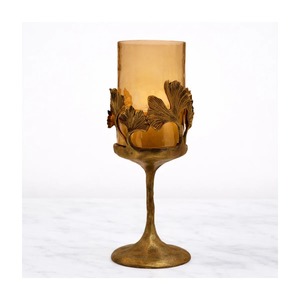 Decorative Antique Style Antique Style Ginkgo <b>Leaf</b> Candle Holder With Amber Glass Cylinder Heat Resistant Home Decoration - Product Image 1