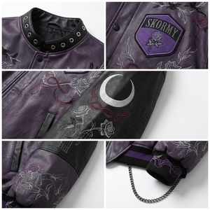 Men's <b>Gothic</b> Cowhide Leather Streetwear Bomber <b>Jacket</b> Hand Embroidery Geometric Pattern Zipper Closure Stand Collar Winter Style - Product Image 6