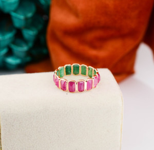 Natural Emerald and <b>Ruby</b> Alternating <b>Eternity</b> Band in Solid 18K Yellow Gold Gemstone Station <b>Ring</b> May and July Birthstone - Product Image 1