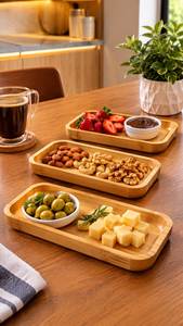 Plateau de service rond en bois naturel poli brun clair, moderne, durable et écologique, à grain massif, pour les fêtes - Product Image 6