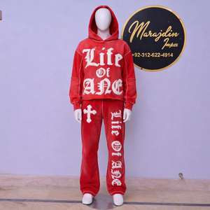 ชุดเซ็ตเสื้อฮู้ดดี้ครอปและกางเกงขายาวทรงบานผ้าฟลีซเทคนิคแบบเต็มตัวสีพื้นสำหรับฤดูหนาว พร้อมดีเทลปะติดแบบดิสเทรสและฟอกสีแบบแอซิดวอช - Product Image 4