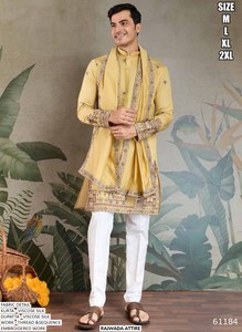 Ensemble Kurta pour homme en viscose, coupe régulière, longueur au sol, brodé Bandhani traditionnel, séchage rapide, idéal pour mariage et Diwali - Collection Desert Royal - Product Image 4