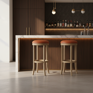 Tabouret de bar rond moderne en bois d'hévéa avec design entièrement rond, durable et facile à nettoyer, meuble de salon - Product Image 6