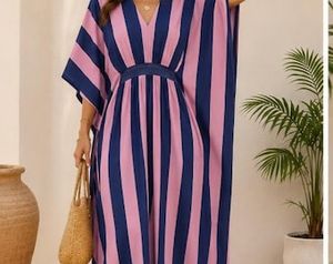 Striped Collared Neck Knee-Length Loungewear <b>Dress</b> for Women Soft Loose Fit Summer Casual Wear <b>Elastic</b> Waist Crepe Anti-Wrinkle - Product Image 3