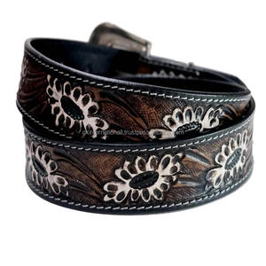 New Trendy Unisex Western Cowboy Style Hand Carved Floral Embossed Men's Fashion Western Leather Tooling Belt - Product Image 3