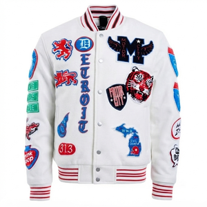 Custom <b>White</b> Varsity <b>Jacket</b> Unisex Detroit Tiger Patches Wool Body Genuine Leather Sleeves Snap Button Streetwear Bomber Coat - Product Image 1