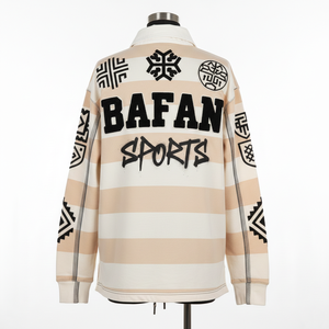 Camiseta de Rugby para Mujer, 280 GSM, Algodón, Color Beige Crema, con Paneles a Rayas, Estampado, Bordado, Logotipo Personalizado - Product Image 2