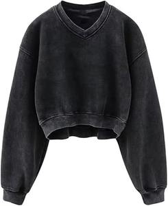 Sudadera para Mujer con Efecto Desgastado, Sudadera Deportiva con Capucha, Sudadera de Forro Polar con Cuello en V y Manga Larga, Sudadera de Forro Polar para Mujer - Product Image 1