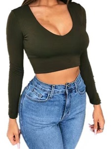 Hot Girl Style Solid Color Base Shirt Ultra Short <b>Low</b> <b>Cut</b> Crop <b>Top</b> Tight Pullover <b>Long</b> <b>Sleeve</b> T-Shirt Slim Fit - Product Image 6