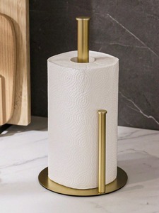 Modern Gold Metal Paper <b>Towel</b> <b>Holder</b> Freestanding Countertop Tissue Roll Stand with Spring Arm - Product Image 1