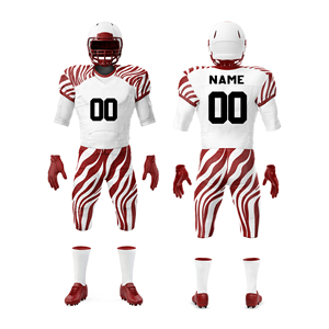 Ensemble d'uniformes de football américain personnalisés, blanc et rouge rayé, sublimé, col en V, manches courtes, polyester respirant, équipement pour hommes adultes - Product Image 4