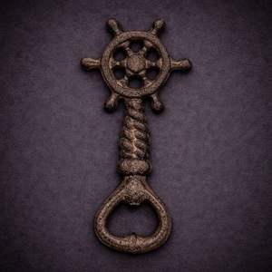Cast Iron Rope Handle Ship Wheel Bottle Opener Vintage Nautical Design Strong Grip Durable Finish Perfect for Home Bar Decor - Product Image 1