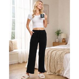 Pantalones de chándal casuales de cintura alta y pierna ancha para mujer, suaves y cómodos, con cordón y bolsillos, ideales para el verano. - Product Image 3