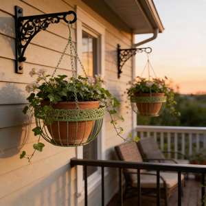 Green Metal <b>Hanging</b> Flower Pot <b>Basket</b> with Decorative Floral Rim Chain Support and Hook for Balcony Patio Garden Outdoor <b>Indoor</b> - Product Image 4