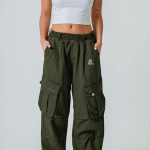 Women's Olive Green Cargo <b>Pants</b> Solid Color Elastic Waist Loose Fit Casual Full Length With Pockets <b>Summer</b> Wear - Product Image 1