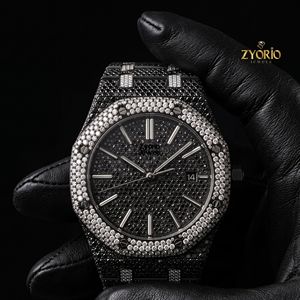 Montre-bracelet de luxe unisexe en acier inoxydable, mouvement quartz, étanche 10 bars, avec cadran squelette noir ETA et pavé complet de moissanite, style Hip Hop, personnalisable - Product Image 4