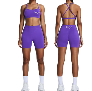 Ensemble de yoga respirant et sexy pour femme, soutien-gorge de sport type corset à dos nu, crop top et short de gym taille haute de couleur unie, 2 pièces - Product Image 6