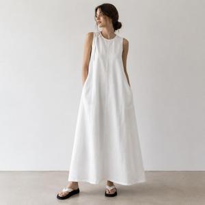 Luxury White Cotton Linen Maxi <b>Dress</b> With Sleeveless O-Neck <b>Loose</b> Fit boho Style Summer Casual Daily Wear - Product Image 1