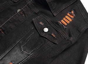 Veste en jean noire pour homme, col montant, déchirée et effilochée, style décontracté, boutonnage simple, pour l'automne - Product Image 2
