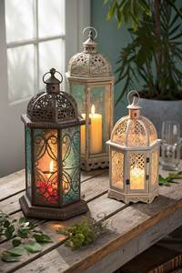 Faroles de Hierro Negro con Paneles de Vidrio y Recortes de Estrellas y Lunas para Decoración del Hogar - Product Image 6