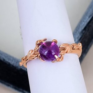 Bague pour femme en améthyste d'inspiration naturelle, argent sterling 925 massif, pierre précieuse ronde, plaqué or rose, motif feuille de vigne, bague romantique - Product Image 4