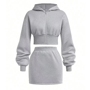 2 Pcs Casual Outfits <b>Set</b>, In Gray Color Cotton French Terry Soft Zipper Hooded Pullover Top and High Waist Long Skirt <b>Set</b> - Product Image 1