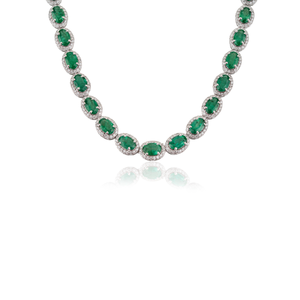 Luxurious Hot Sale 22.11 Ct. Emerald & Diamond <b>Statement</b> Halo Tennis <b>Necklace</b> K14 Solid Yellow Gold Customized Wholesale Jewelry - Product Image 3
