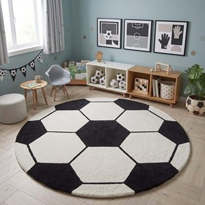 Kids Soccer Ball <b>Round</b> Area <b>Rug</b> Black <b>White</b> Football Pattern Hand Tufted Wool Carpet Playroom Bedroom Nursery Decor Soft - Product Image 4