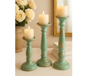 <b>Wooden</b> <b>Candlestick</b> Holder Set Cylindrical Shape Distressed White Finish Home Decoration Durable Design At Best Price - Product Image 3