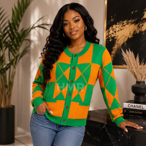 HMR Sisterhood Sorority Acrylic Green <b>Orange</b> Geometric Knitted <b>Cardigan</b> <b>Women</b> Long Sleeve Casual Crew Neck Button Front - Product Image 3