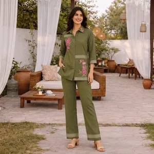 Ensemble en coton brodé vert olive pour femmes, manches trois quarts, pantalon long, style bohème décontracté, à porter toute l'année - Product Image 5