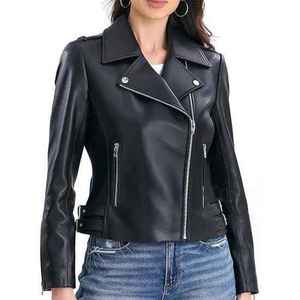Women's Genuine Leather Moto <b>Jacket</b> Spread Collar Full Sleeve Zipper Closure Autumn Solid Color <b>Biker</b> <b>Jacket</b> - Product Image 1