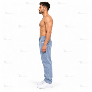 Men's High Waist Stonewashed Denim Jeans Straight Fit Light Blue Cotton Casual Pants With Rivets Button Fly Denim Jeans - Product Image 2