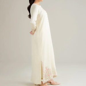 Elegant Cream Maxi <b>Dress</b> With Floral Embroidery Full Sleeve V-Neck Modest Style Handmade Cotton Gown - Product Image 4