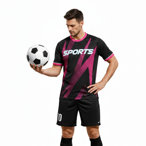 Uniforme de Fútbol de Invierno con Diseño Personalizado, Conjunto de Camiseta y Pantalones Cortos con Logotipo Frontal en Negro y Rosa, Calidad Premium - Product Image 2