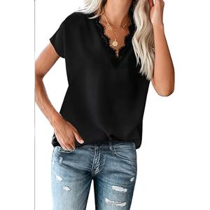 Barato a granel personalizado color sólido cuello en V encaje ajuste camiseta de gran tamaño 100% algodón manga corta Camiseta para mujer - Product Image 1