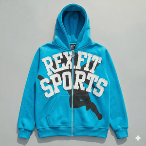 เสื้อฮู้ดดี้ซิปสีแดงทรงโอเวอร์ไซส์ รุ่น Rexfit ผ้าคอตตอน 100% ปักลายแบบดิสเทรส สไตล์สตรีทแวร์สำหรับผู้ชาย - Product Image 2