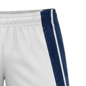 Shorts de netball unisexe blanc et bleu marine sublimés en polyester léger, uniforme de sport, vêtements d'entraînement athlétiques avec empiècements latéraux - Product Image 4