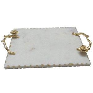 Plateau de service et décoratif, fournitures pour restaurants et hôtels, plateau rond en marbre blanc à fleurs dorées, très vendu - Product Image 4