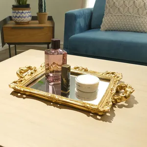 <b>Rectangular</b> Vintage <b>Gold</b> Metal Decorative Tray with Ornate Carved Handles and Beaded Edge Design - Product Image 4