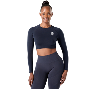 Top Corto Deportivo Elástico de Manga Larga sin Costuras para Mujer, Color Azul Marino Oscuro, para Entrenamiento Físico, Ejercicio y Ropa Deportiva - Product Image 1