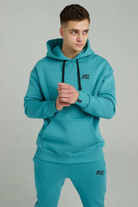 Private <b>Label</b> 100% Cotton Matching Men Women Turquoise Hooded Sweatsuit Set Fleece Jogger Tracksuit OEM Manufacturer - Product Image 5